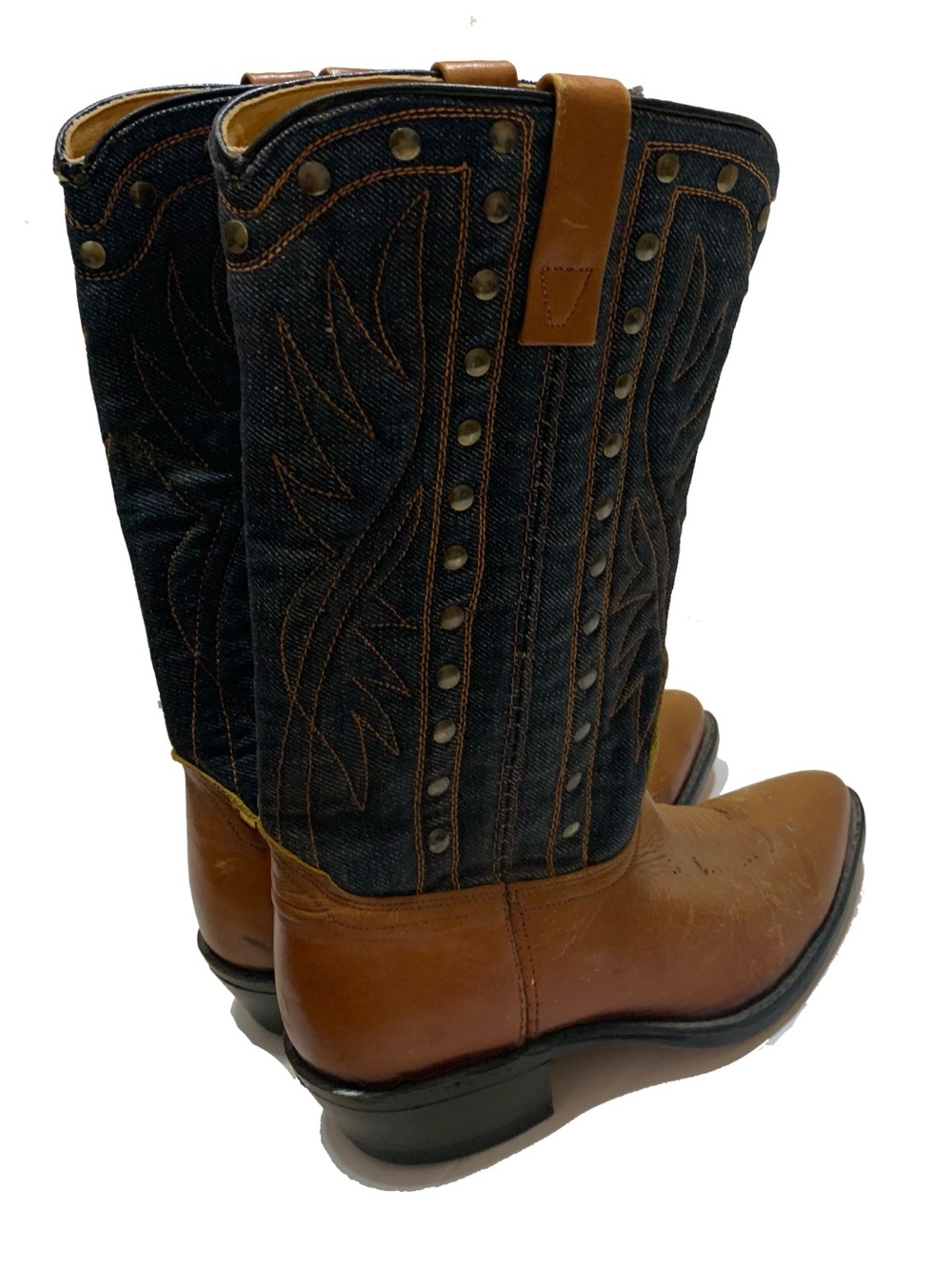 Acme Brown Leather & Dark Blue Denim Western Boots